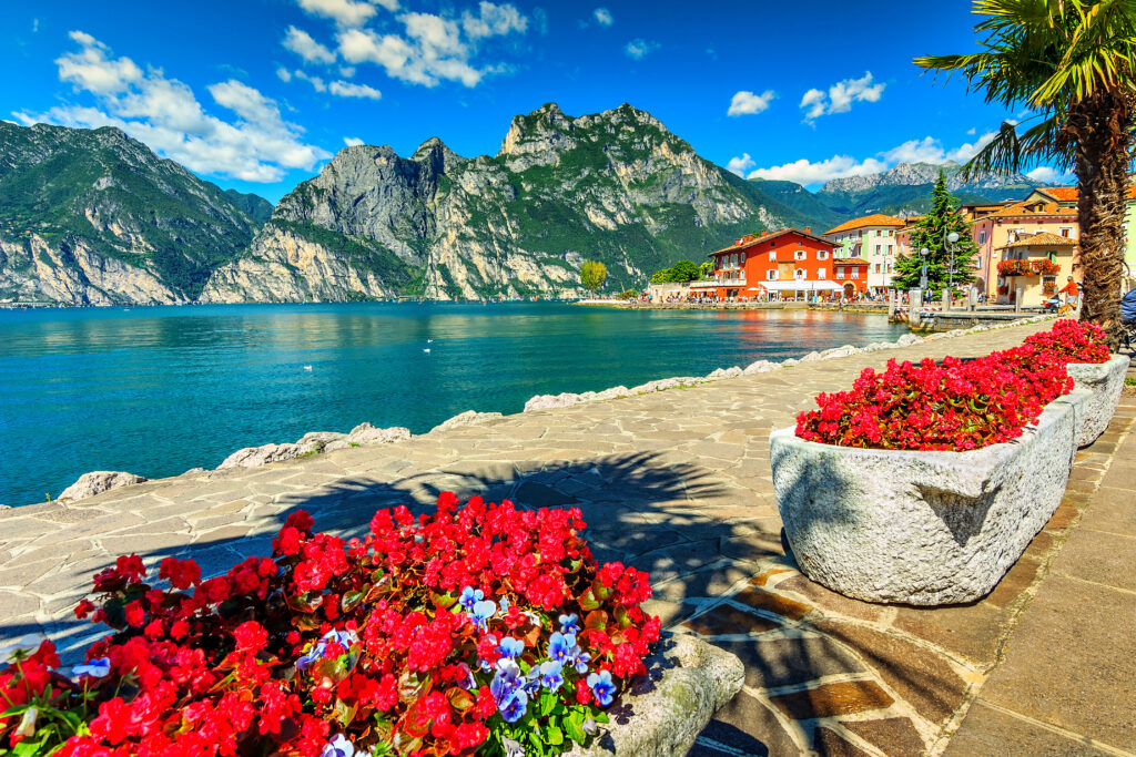 High mountains and walkway on the shore,Lake Garda,Italy,Europe