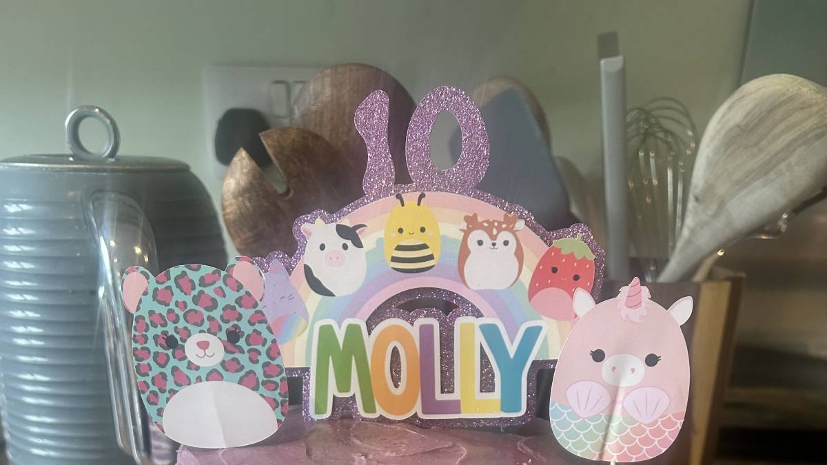 Purple and cream layered birthday cake with Squishmallows topper reading "Molly" and "10," decorated with piped rosettes at the base.