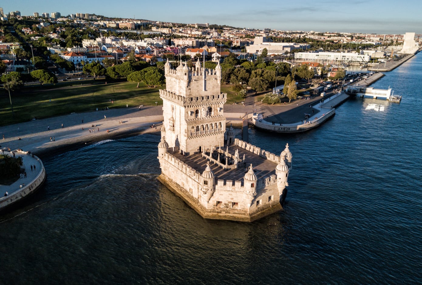Aerial photo of the Belém Tower, in Lisbon, at sunset.