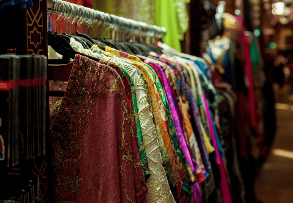Sale of sarees of different colors on the eastern market. Diwali in New York