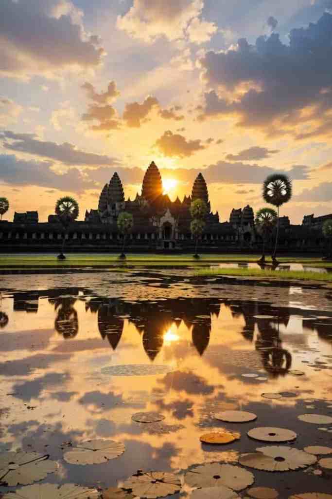 the sun rising behind angkor wat as you see the reflection on the water