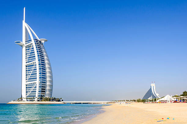 Burj Al Arab and Jumeirah Beach hotel view from the beach in Dubai