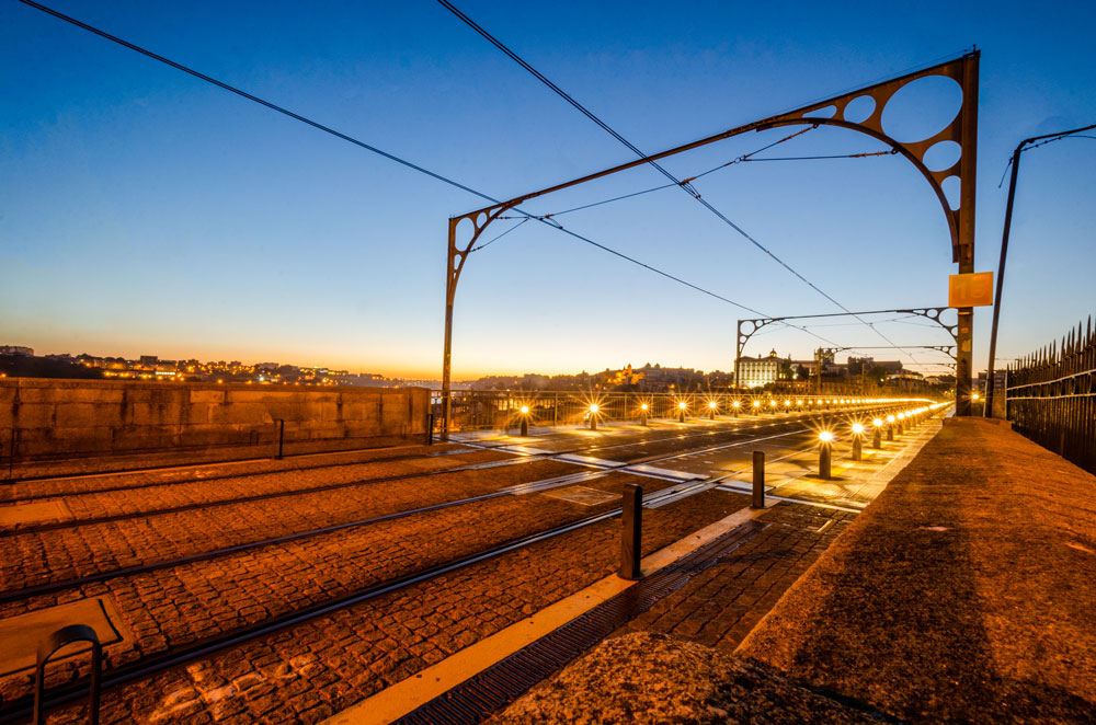 The railway line that spans the Dom Luis Bridge