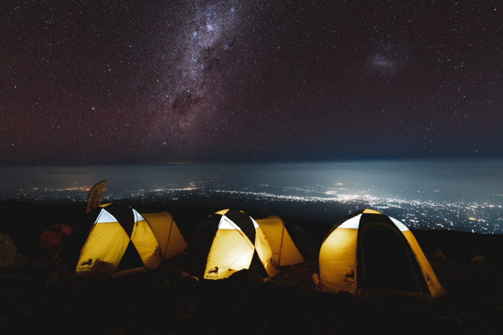 Tents below stars on Mt. Kilimanjaro