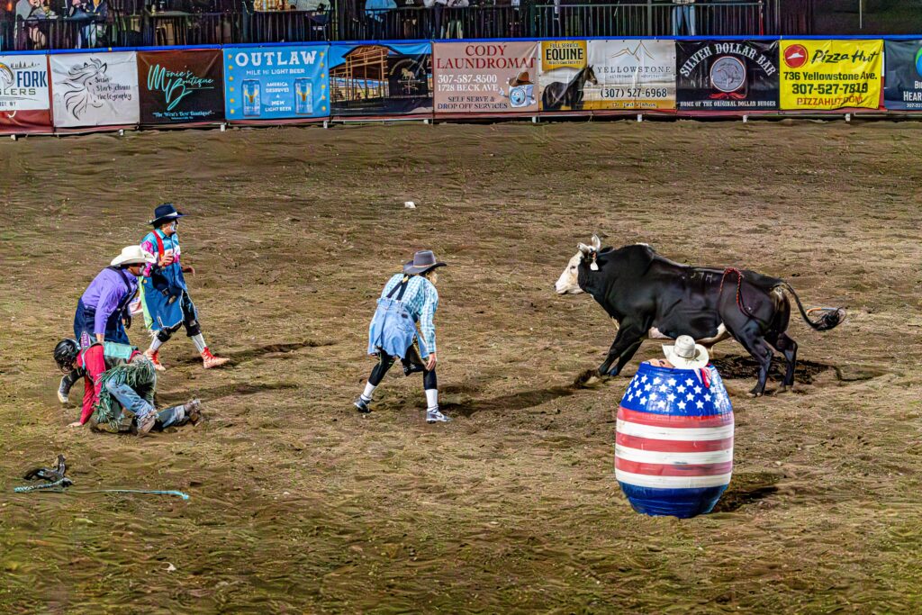 Rodeo clowns and bull face off